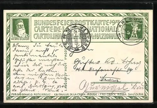 Künstler-AK Schweizer Bundesfeier 1917, Mann und Frau auf einer Wiese, Ganzsache