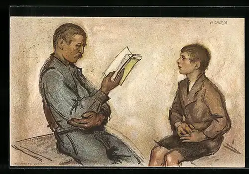 Künstler-AK Schweizer Bundesfeier 1922, Mann liest einem Buben aus dem Buch vor, Ganzsache