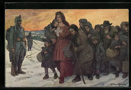 Künstler-AK Schweizer Bundesfeier 1915, Frau begleitet Flüchtlinge durch den Schnee, Ganzsache
