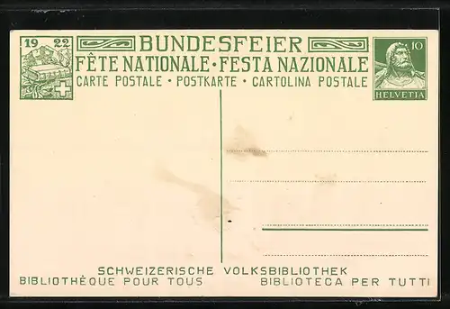 Künstler-AK Schweizer Bundesfeier 1922, Mann liest einem Buben aus dem Buch vor, Ganzsache