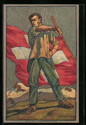 Künstler-AK Schweizer Bundesfeier 1912, Schweizer mit Flagge, Ganzsache