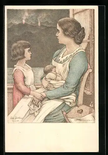 Künstler-AK Schweizer Bundesfeier 1924, Mutter mit Kindern am Fenster sitzend, Ganzsache