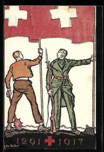 Künstler-AK Schweizer Bundesfeier 1917, Soldat und Bürger hissen die Flagge des Landes, Ganzsache