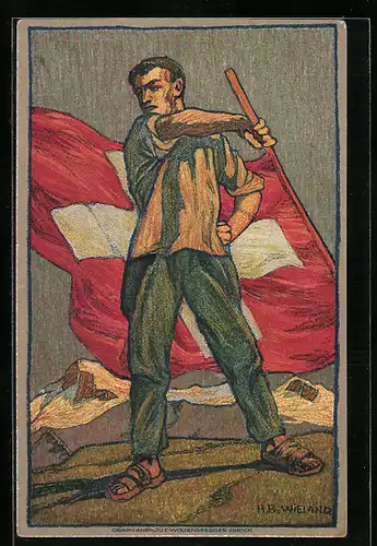 Künstler-AK Schweizer Bundesfeier 1912, Schweizer mit Flagge, Ganzsache