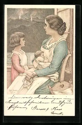 Künstler-AK Schweizer Bundesfeier 1924, Mutter mit Kindern schaut aus dem Fenster, Ganzsache
