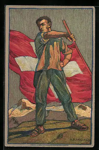 Künstler-AK Schweizer Bundesfeier 1912, Schweizer mit Flagge, Ganzsache