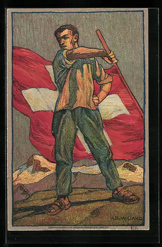 Künstler-AK Schweizer Bundesfeier 1912, Schweizer mit Flagge, Ganzsache