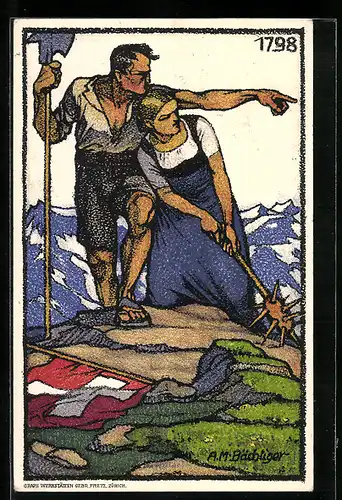Künstler-AK Schweizer Bundesfeier 1913, wehrhaftes Bauernpaar auf einem Berggipfel, Ganzsache