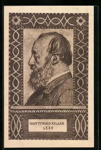 Künstler-AK Schweizer Bundesfeier 1919, Portrait des Dichters Gottfried Keller, Ganzsache