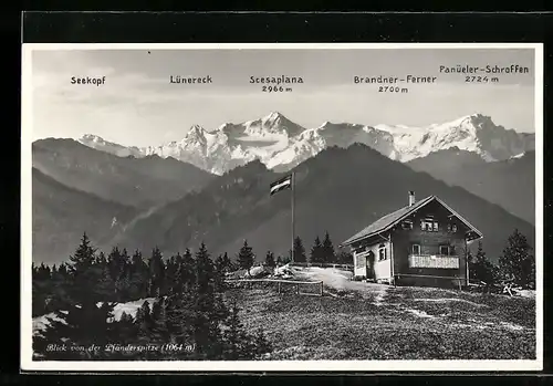 AK Pfänderspitze, Haus mit Bergkette