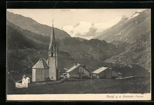 AK Gurgl, Ortspartie mit Kirche gegen den Ötzthaler Ferner