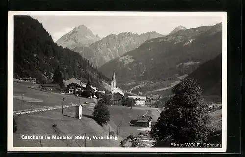 AK Gaschurn im Montafon /Vorarlberg, Ortspartie mit Bergen