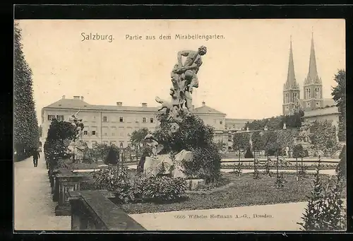 AK Salzburg, Partie aus dem Mirabellengarten mit Standbild