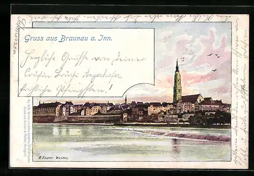 AK Braunau am Inn, Flusspartie mit Blick auf die Stadt
