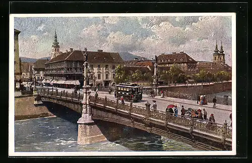 Künstler-AK Graz, Strassenbahn fährt über Hauptbrücke