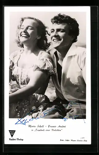 AK Schauspieler Maria Schell und Franco Andrei in Tagebuch einer Verliebten, mit original Autograph