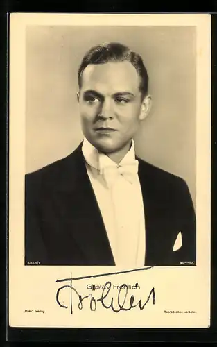 AK Schauspieler Gustav Fröhlich mit weisser Fliege im schwarzen Jackett, mit original Autograph