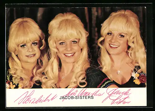 AK Musikerinnen Jacob-Sisters mit blonden gelockten Haaren und breitem Lächeln, Autograph
