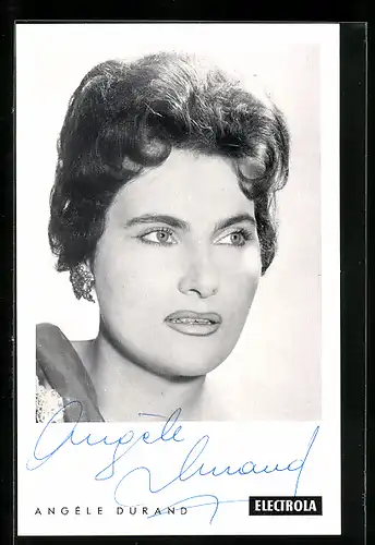 AK Musikerin Angèle Durand erschrocken zur Seite schauend, Autograph