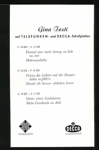 AK Musikerin Gina Tosti mit Ohrringen, Autograph