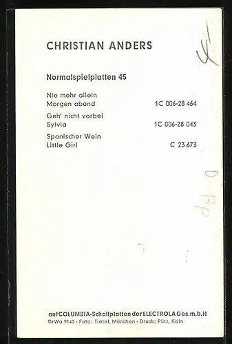 AK Musiker Christian Anders im schwarzen Hemd mit ernster Mimik, Autograph