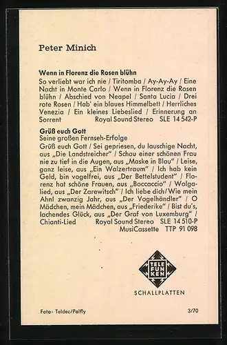 AK Musiker Peter Minich mit abstützender Hand, Autograph