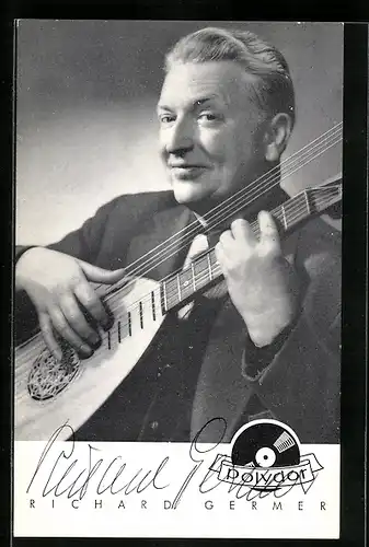 AK Musiker Richard Germer mit Laute, Autograph