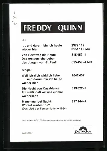 AK Freddy Quinn, original Autograph des Musikers