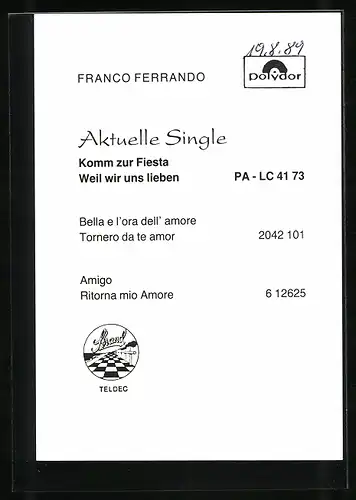 AK Franco Ferrando, original Autograph des Musikers