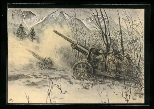 Künstler-AK Schweizer Soldaten mit einem Artilleriegeschütz an der Front