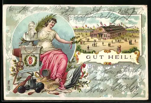 Lithographie Gut Heil, Gruss vom Turnfest, Büste von Turnvater Jahn