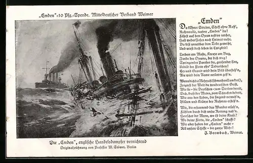 Künstler-AK Willy Stoewer: Kriegsschiff Emden vernichtet englische Handelsdampfer