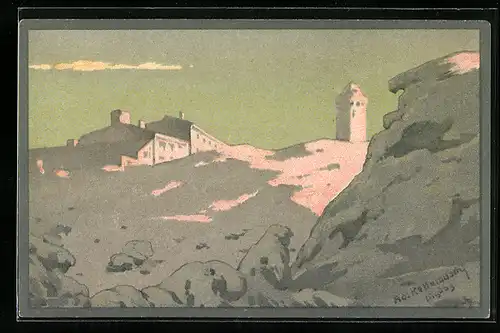 Künstler-AK Brocken, Hotel von der Teufelskanzel aus gesehen