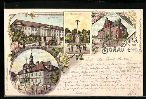 Lithographie Sorau i. N.-L., Rathaus, Kriegerdenkmal, Königl. Gymnasium