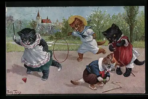 Künstler-AK Arthur Thiele: vermenschlichte Katzenkinder spielen auf der Strasse