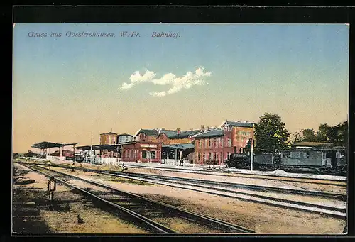 AK Gosslershausen / Jablonowo, Zug fährt in den Bahnhof ein