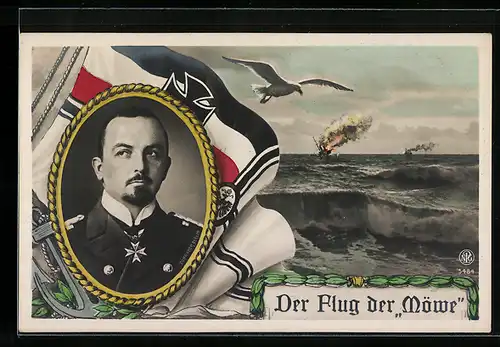AK Korvettenkapitän Graf Dohna-Schlodien mit Kriegsschiff, Der Flug der Möwe