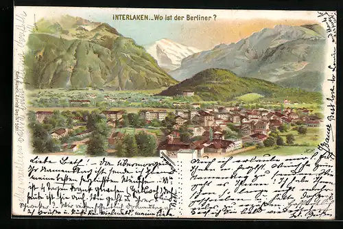 Lithographie Künzli Nr. 5011: Interlaken, Wo ist der Berliner?, Berg mit Gesicht / Berggesichter