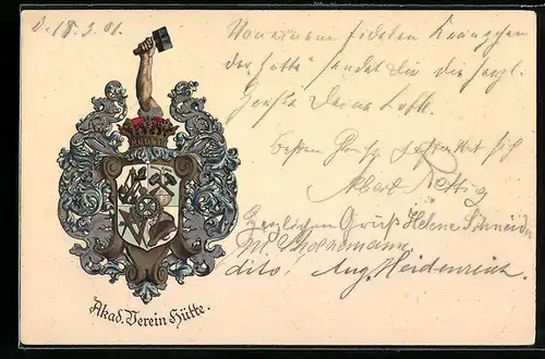 Lithographie Akademischer Verein Hütte, Studentenwappen mit Hammer reckenden Arm