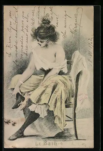 Künstler-AK Henri Boutet: Junge Dame zieht ihre Schuhe aus, Le Bain