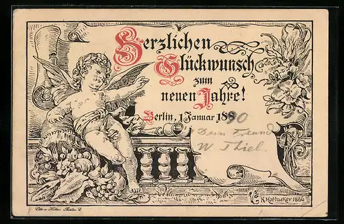 Lithographie Berlin, Neujahrsgruss 1890 mit Engel, Private Stadtpost Berl. Omnibus Packetfahrt, früher Druck
