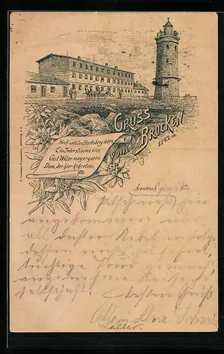 Vorläufer-Lithographie Brocken, 1895, Hotel und Aussichtsturm, davor eine Kutsche