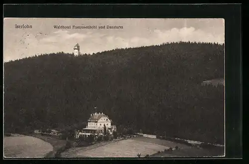 AK Iserlohn, das Waldhotel Franzosenhohl und der Danzturm darüber
