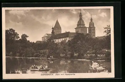 AK Osnabrück, Ruderboot vor dem Dom mit Hasepartie