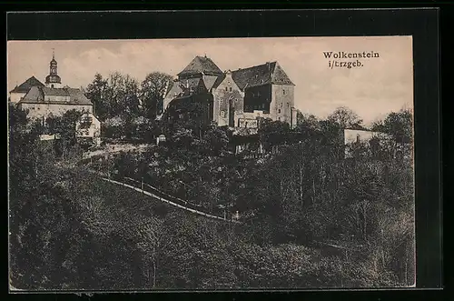 AK Wolkenstein i. Erzgeb., Blick zur Burg auf dem Berg