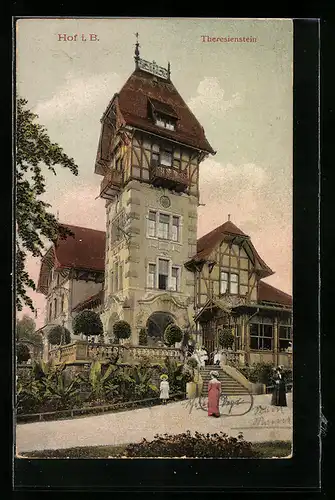 AK Hof i. B., Besucher vor dem Restaurant Theresienstein