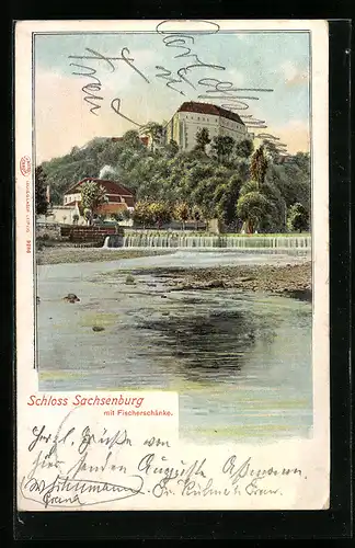 Lithographie Frankenberg i. Sa., Blick von der Wasserschnelle zum Schloss Sachsenburg mit der Fischerschänke