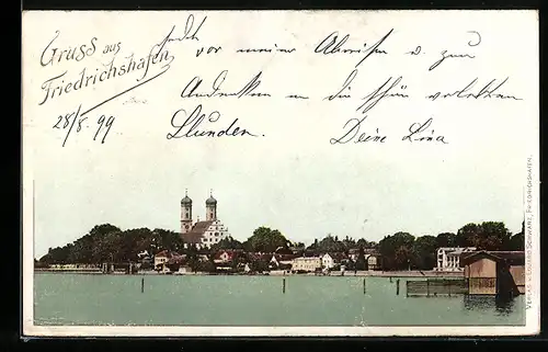 AK Friedrichshafen, Blick vom Bodensee zur Kirche im Ort