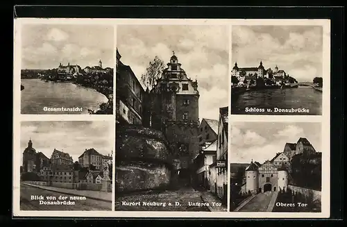 AK Neuburg a. D., das Untere Tor, Blick von der neuen Donaubrücke, Schloss und Oberes Tor
