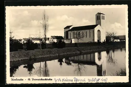 AK Karlsruhe i. B., am Ufer vor der St. Franziskuskirche